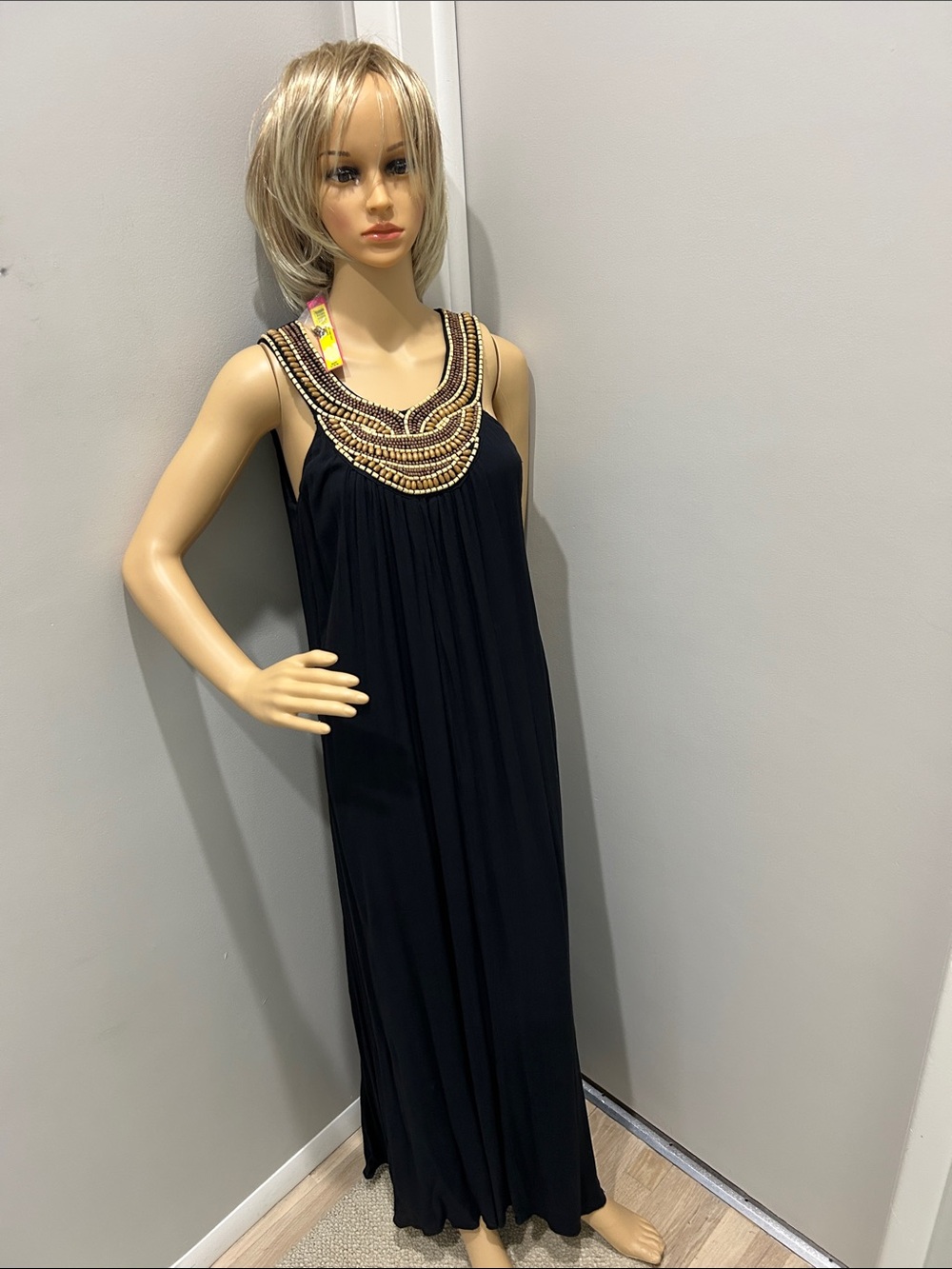Women’s Black Maxi Dress with Wood Beaded Neckline by Catherine Malandrino